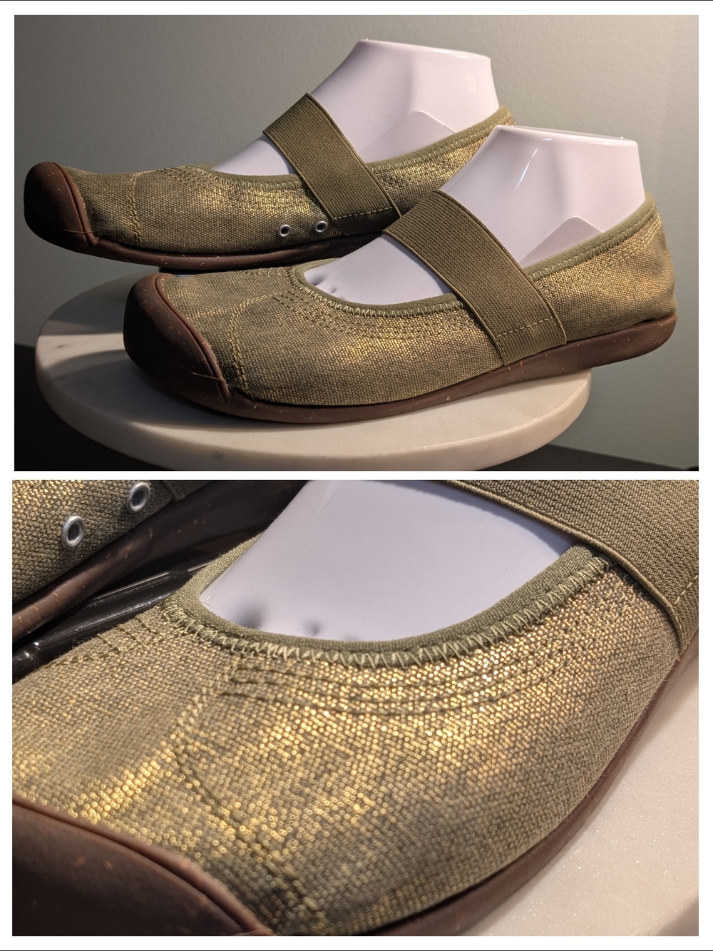 Keen Sienna Mary Jane Metallic Gold/Green Stretch-Strap Ballet Flats Women 10